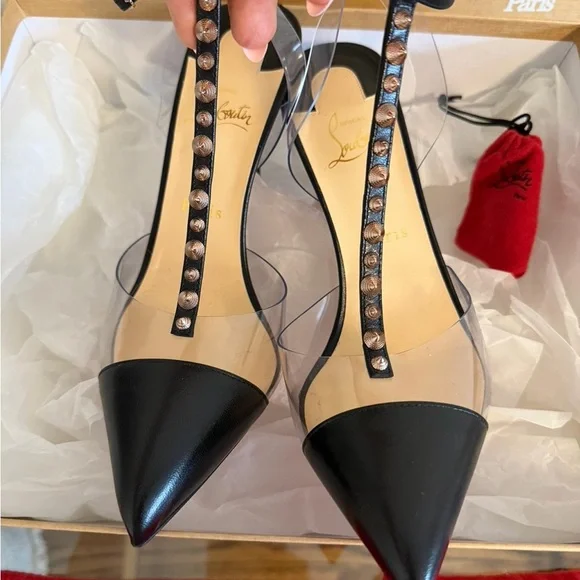 Christian Louboutin Black Pointed-Toe T-Strap Studded Heels - Picture 4 of 9